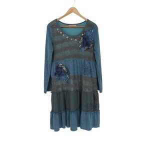 Pretty‎ Angel Dress Long Sleeve Tiered Blue Gray Knit Embellished Size M Fairy